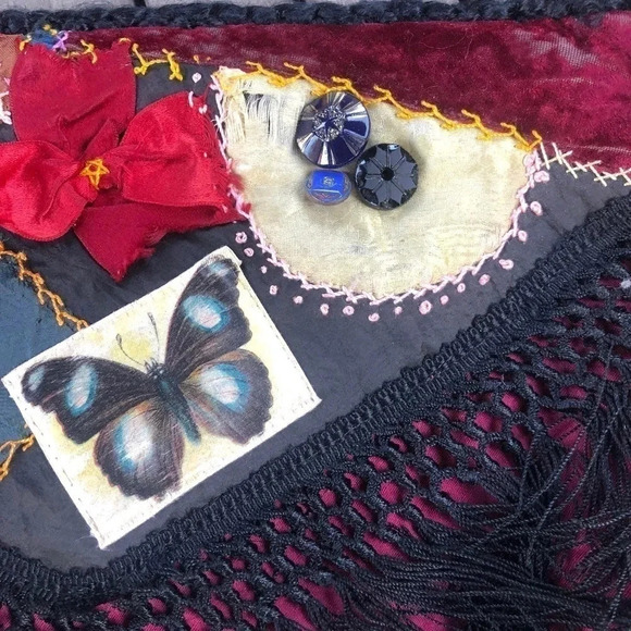 Vintage Boho Art to Wear Hand Crafted Patchwork Butterfly Evening Bag - Picture 2 of 6